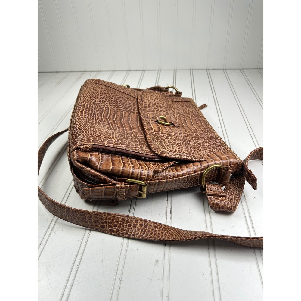 Coldwater Creek Vintage Sophie Brown Croc Embossed Leather Boho Crossbody Bag - Picture 9 of 14
